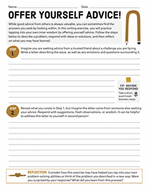 Offer Yourself Advice worksheet example 9 for middle school students Sixth grade student completing the Offer Yourself Advice worksheet activity for American Sign Language class