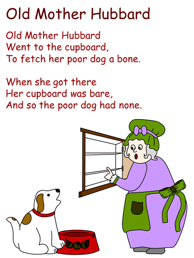 Old Mother Hubbard worksheet featuring a poem and drawing activity for kindergarten phonics