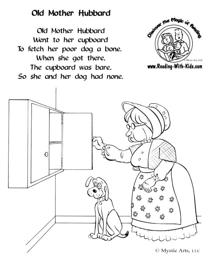 Kindergarten phonics worksheet featuring the Old Mother Hubbard poem with a blank space for student drawing