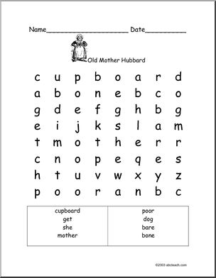 Kindergarten phonics worksheet featuring the Old Mother Hubbard nursery rhyme with space to illustrate the story