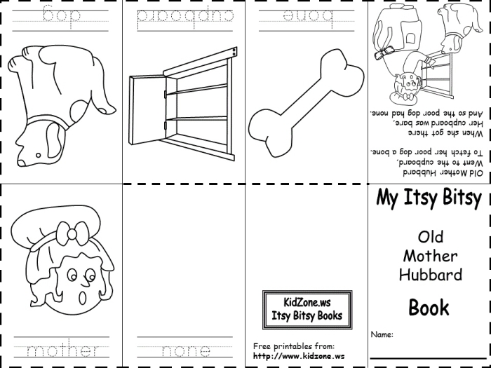 Kindergarten student reading the Old Mother Hubbard poem and drawing a picture for a phonics worksheet