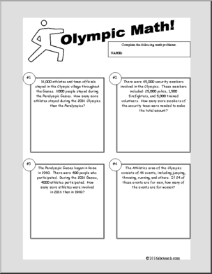 Olympic Math worksheet featuring gymnastics scores for analyzing mean, median, and mode