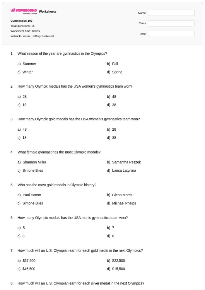 Fourth image of a worksheet on Olympic Math featuring gymnastics scores for calculating mean, median, and mode