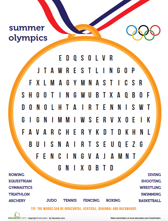 Olympic-themed word search worksheet designed for third graders to enhance their logic skills
