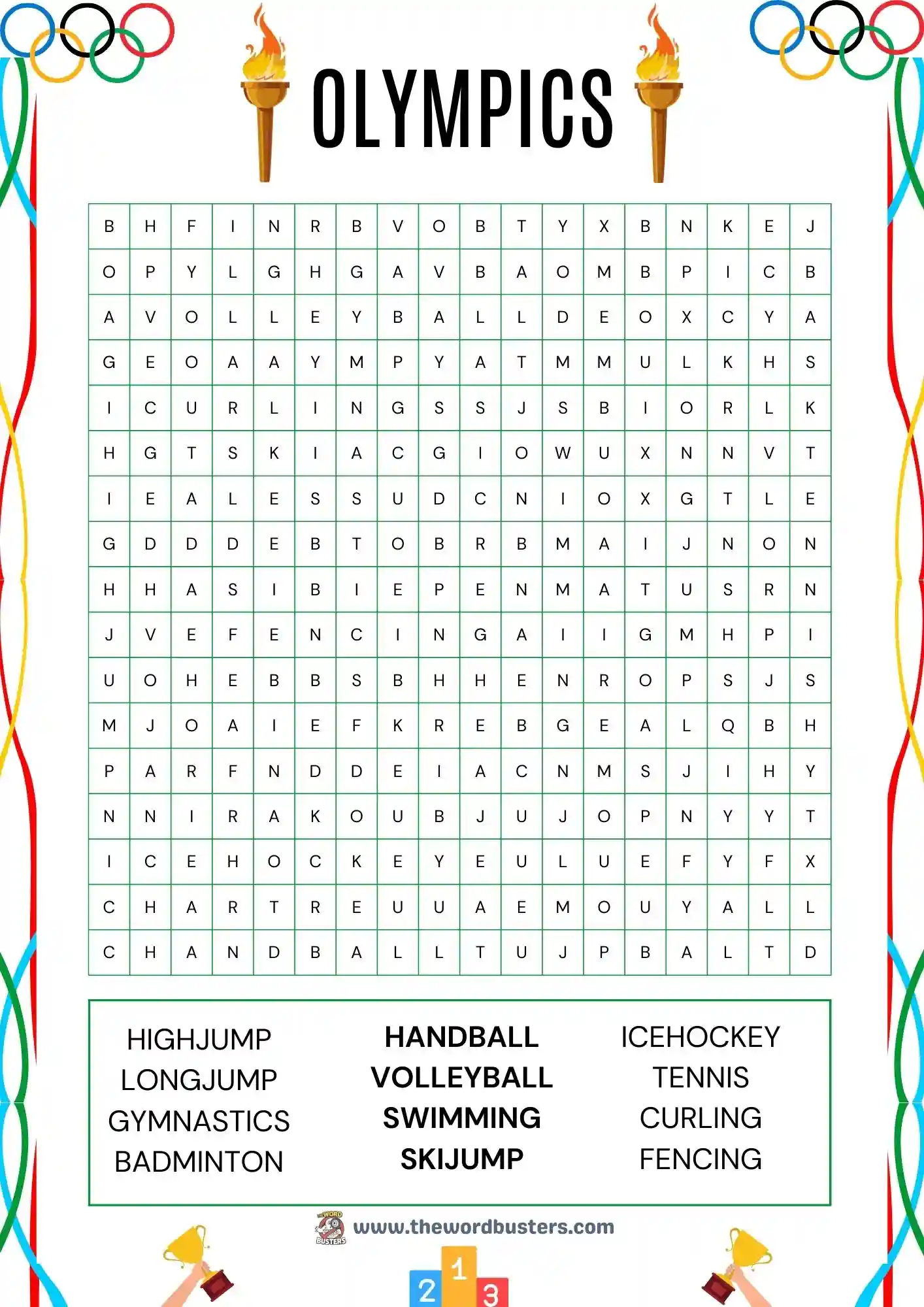 Olympic-themed word search worksheet for third graders to enhance their logic skills