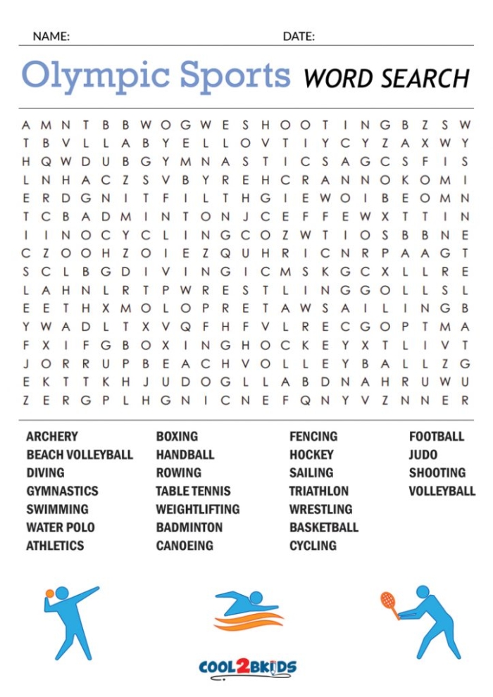 Olympic-themed word search worksheet for third graders to enhance logic skills