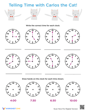 Worksheet featuring 11 analog clocks for telling time to the half hour. On the Half Hour: Telling Time with Clockwork Cat worksheet for first graders.