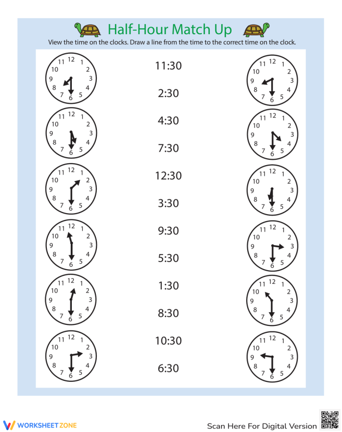 Worksheet featuring 11 analog clocks for first graders to practice telling time to the half hour. On the Half Hour: Telling Time with Clockwork Cat worksheet for learning fractions.