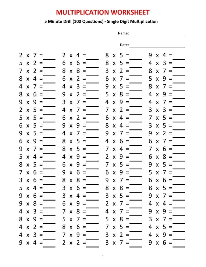Third grade multiplication worksheet featuring quick problems to solve in one minute