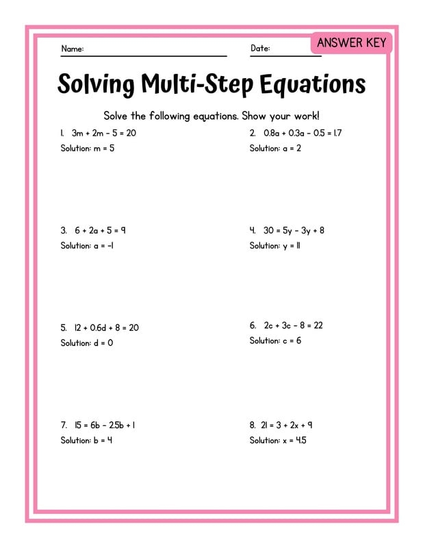 Sixth grade math worksheet focused on solving for variables in one-step equations