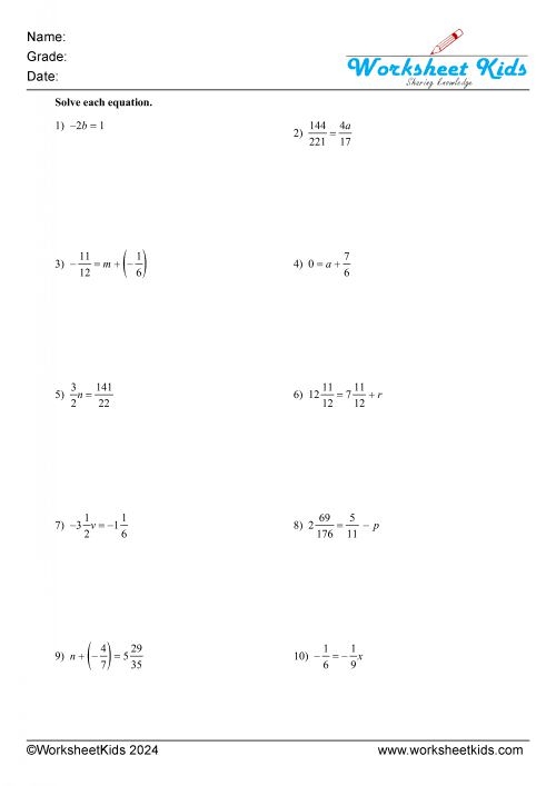 Sixth grade worksheet featuring problems to solve one-step addition and subtraction equations
