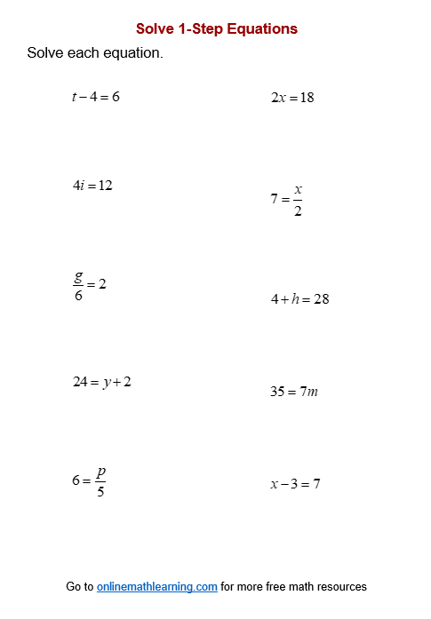 Worksheet featuring one-step equations for mixed operations practice in sixth grade