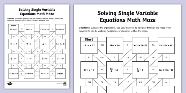 Sixth grade math maze worksheet featuring one-step equations to solve for addition subtraction multiplication and division