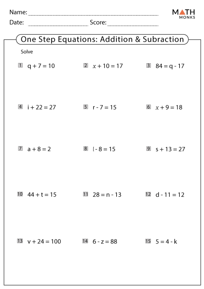 Worksheet featuring one-step addition and subtraction equations for sixth graders