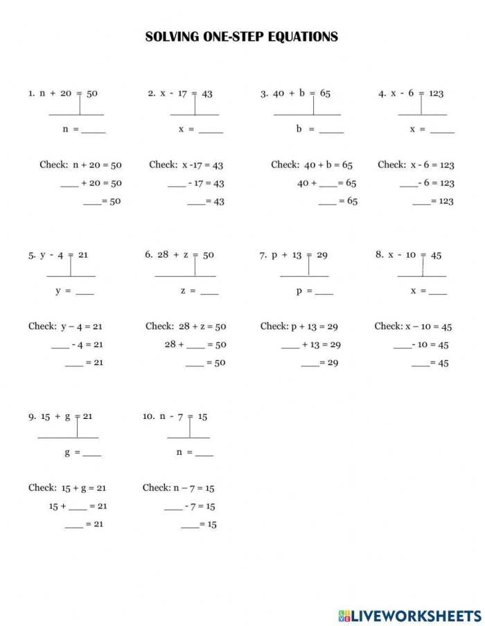 One-step addition and subtraction equations worksheet for sixth graders