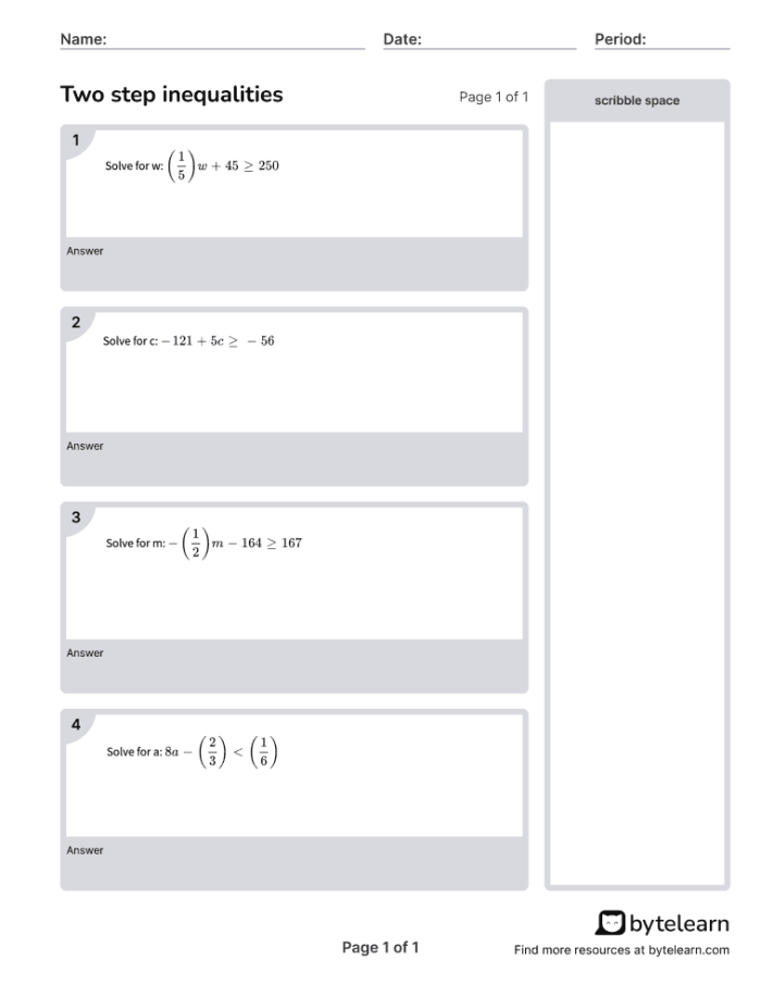 One-Step Inequality Word Problems worksheet for seventh graders featuring engaging math challenges