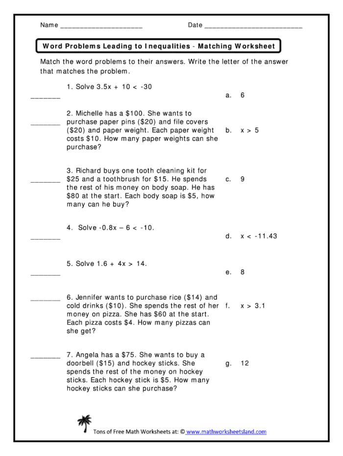 One-Step Inequality Word Problems worksheet for seventh graders featuring various math challenges
