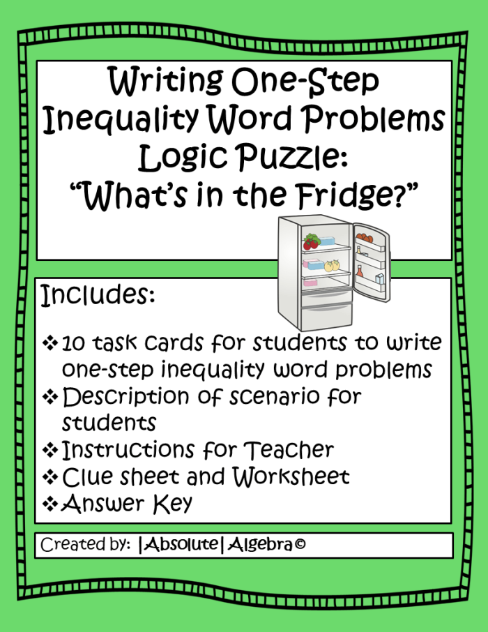 One-Step Inequality Word Problems worksheet for seventh-grade students