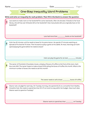Seventh grade student practicing one-step inequality word problems on a printable worksheet