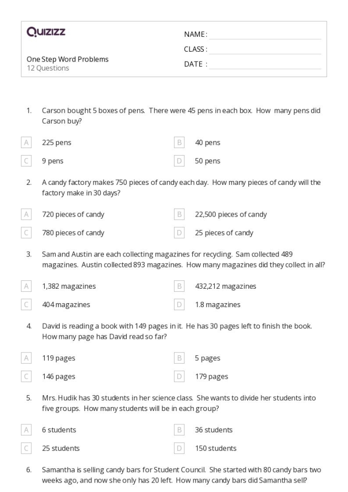 Seventh grade math worksheet featuring one-step inequality word problems for students to solve