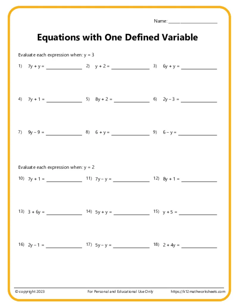 Sixth grade math worksheet for practicing one-step variable expressions