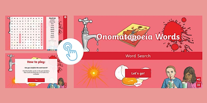 Fifth grade grammar worksheet featuring a comic book themed onomatopoeia word search puzzle number nine