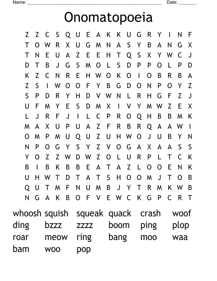 Fifth grade students searching for comic book sound words like pow, boom, and crash in an onomatopoeia word search puzzle