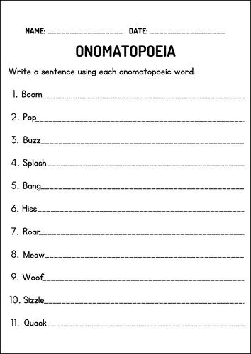 Worksheet featuring various sound-related words like creaks and squeaks for learning onomatopoeia. Engaging onomatopoeia worksheet for fourth-grade reading skills.