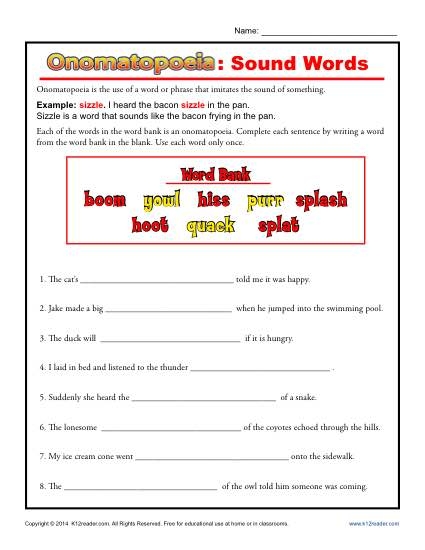 Fourth grade worksheet featuring sound-based words like BOOM and squeak for reading practice