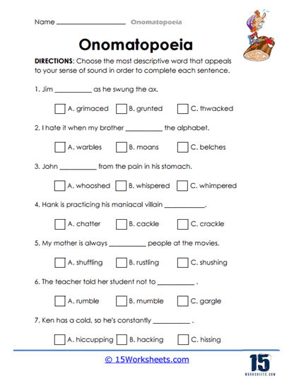 Fourth grade reading worksheet featuring sound words like boom and creak to help students learn about onomatopoeia 19