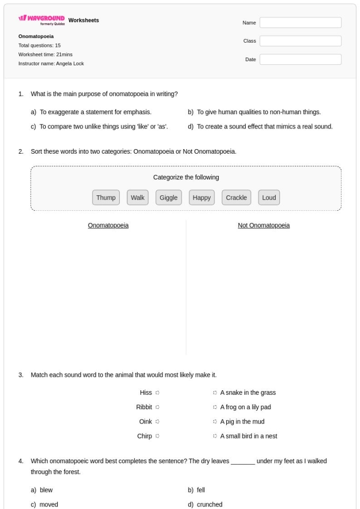 Fourth grade students learning about sound words with this What is Onomatopoeia worksheet