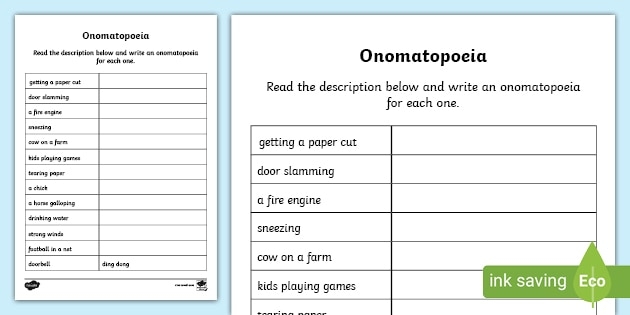 Worksheet featuring various sound words related to onomatopoeia for fourth graders