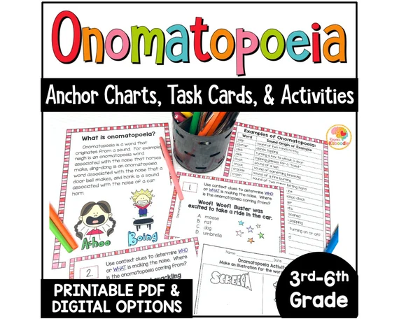 Fourth grade worksheet featuring a variety of onomatopoeia words like boom and squeak