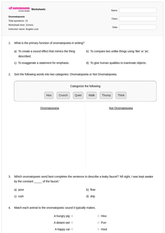A colorful worksheet featuring various onomatopoeic words for fourth graders. Engaging activities exploring sound-related vocabulary for reading practice.