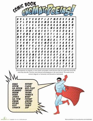 Fifth grade students searching for onomatopoeia words like pow, boom, and crash in a comic book themed word search puzzle