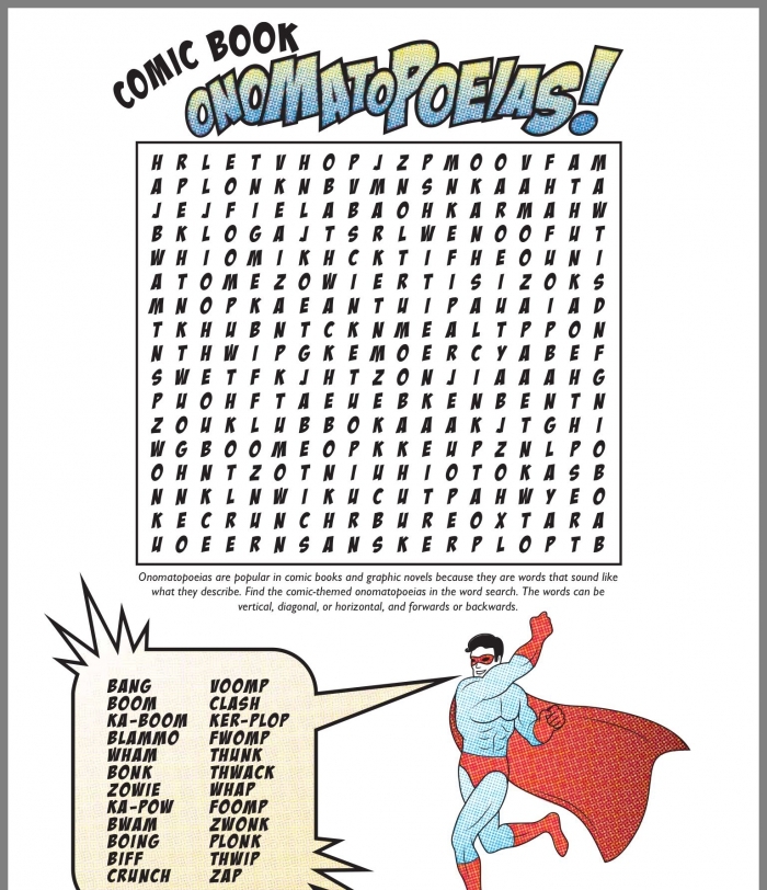 Fifth grade students searching for comic book sound effect words in an onomatopoeia activity sheet