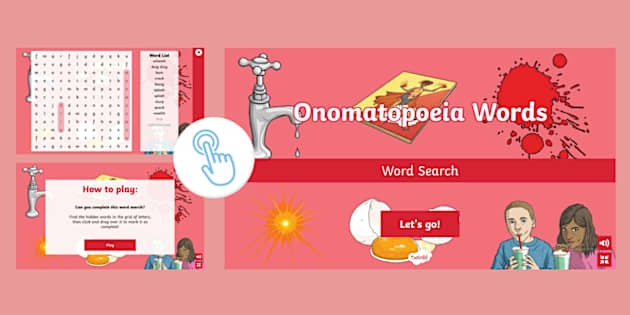 Fifth grade grammar worksheet showing a word search puzzle with comic book sound effect words like pow, bang, and crash for learning onomatopoeia