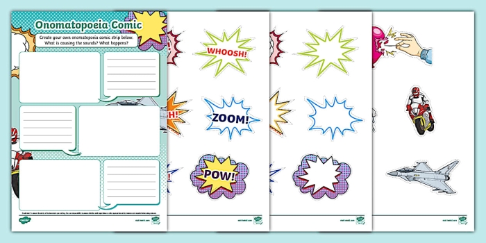 Fifth grade worksheet featuring a fun word search puzzle filled with comic book onomatopoeia sounds