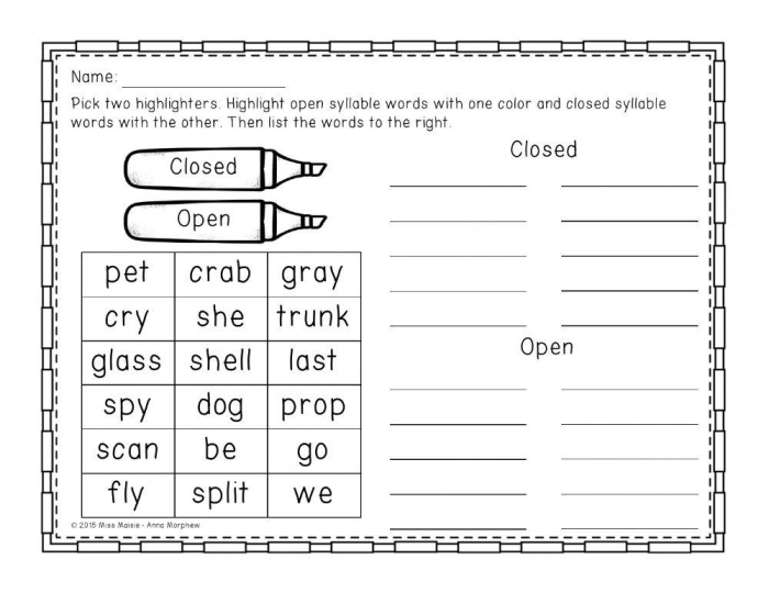 Open and Closed Syllable Sort Practice Exercise 18 Fourth grade students practice sorting open and closed syllables by cutting and gluing words on a worksheet activity sheet
