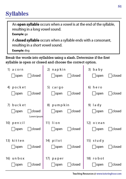 Open and Closed Syllable Sort Activity Worksheet 12 Fourth grade student sorting cut out words into open and closed syllable categories for worksheet 12