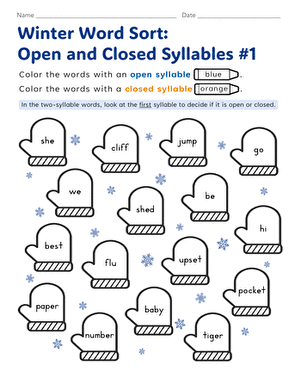 Open and Closed Syllable Sort Practice Activity for Elementary Students Fourth grade worksheet activity showing word cards for sorting open and closed syllables with cut and glue instructions