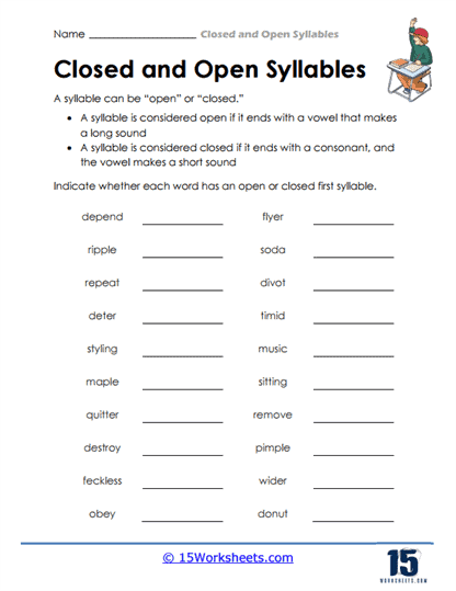 Open and Closed Syllable Sort Worksheet for Fourth Grade Students 17 Fourth grade student activity sheet for sorting open and closed syllable words 17