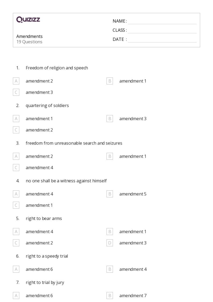 Opinion: The First and Fourth Amendments worksheet for fourth graders children working on a worksheet about the First and Fourth Amendments of the U.S. Constitution