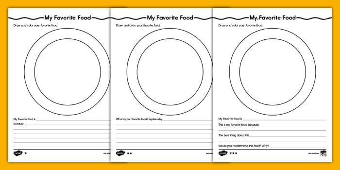 Colorful worksheet for first graders on opinion writing about favorite foods