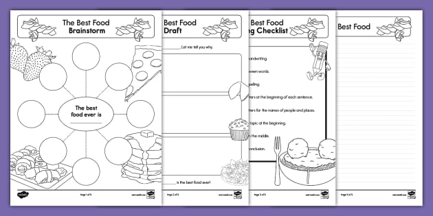Colorful worksheet for first graders to express their opinions on favorite foods using a graphic organizer