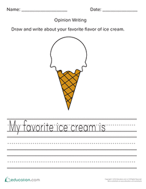 Colorful worksheet for first graders to express their opinion about their favorite ice cream