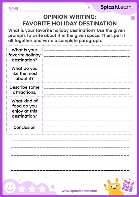 First grade student completing a graphic organizer for an opinion writing worksheet about their favorite dinner