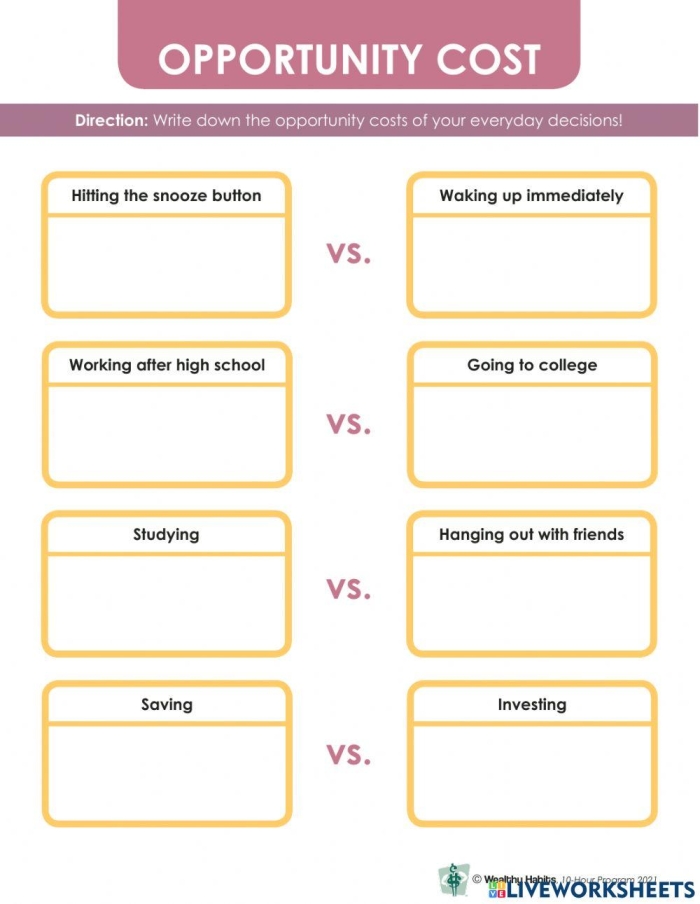 Engaging economics worksheet exploring opportunity costs and choices Opportunity Costs worksheet for sixth graders illustrating trade-offs in decision-making