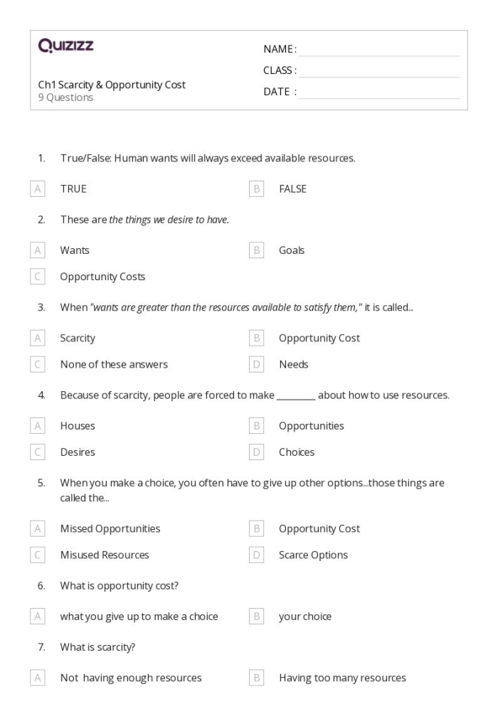 Engaging economics worksheet on opportunity costs for sixth grade students Opportunity Costs worksheet for sixth graders illustrating trade-offs in decision making
