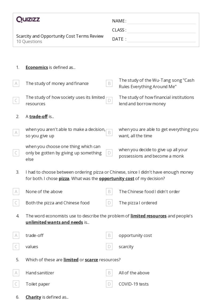 Engaging economics worksheet exploring opportunity costs and choices for students Opportunity Costs worksheet for sixth graders illustrating trade-offs in decision making